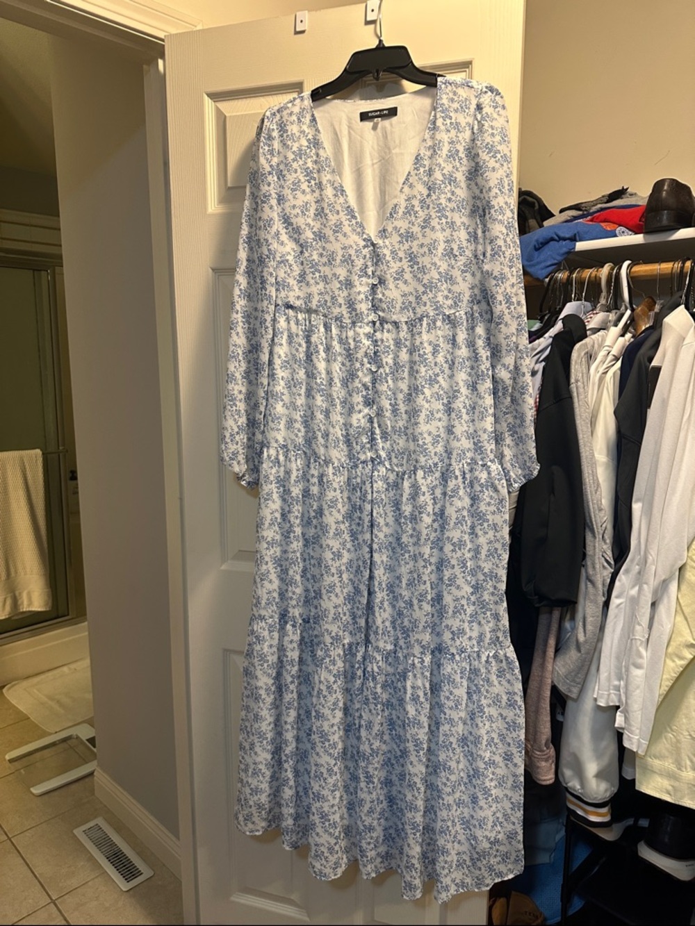 Sugar + Lips Light Blue Floral V-Neck Tiered Maxi Dress